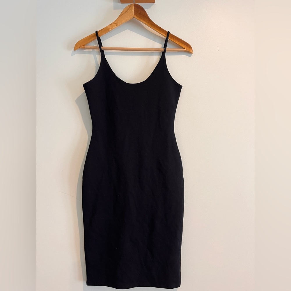 🌞Black Bodycon Stretchy Dress Small Midi Spaghetti Straps Fitted LBD Popular 21